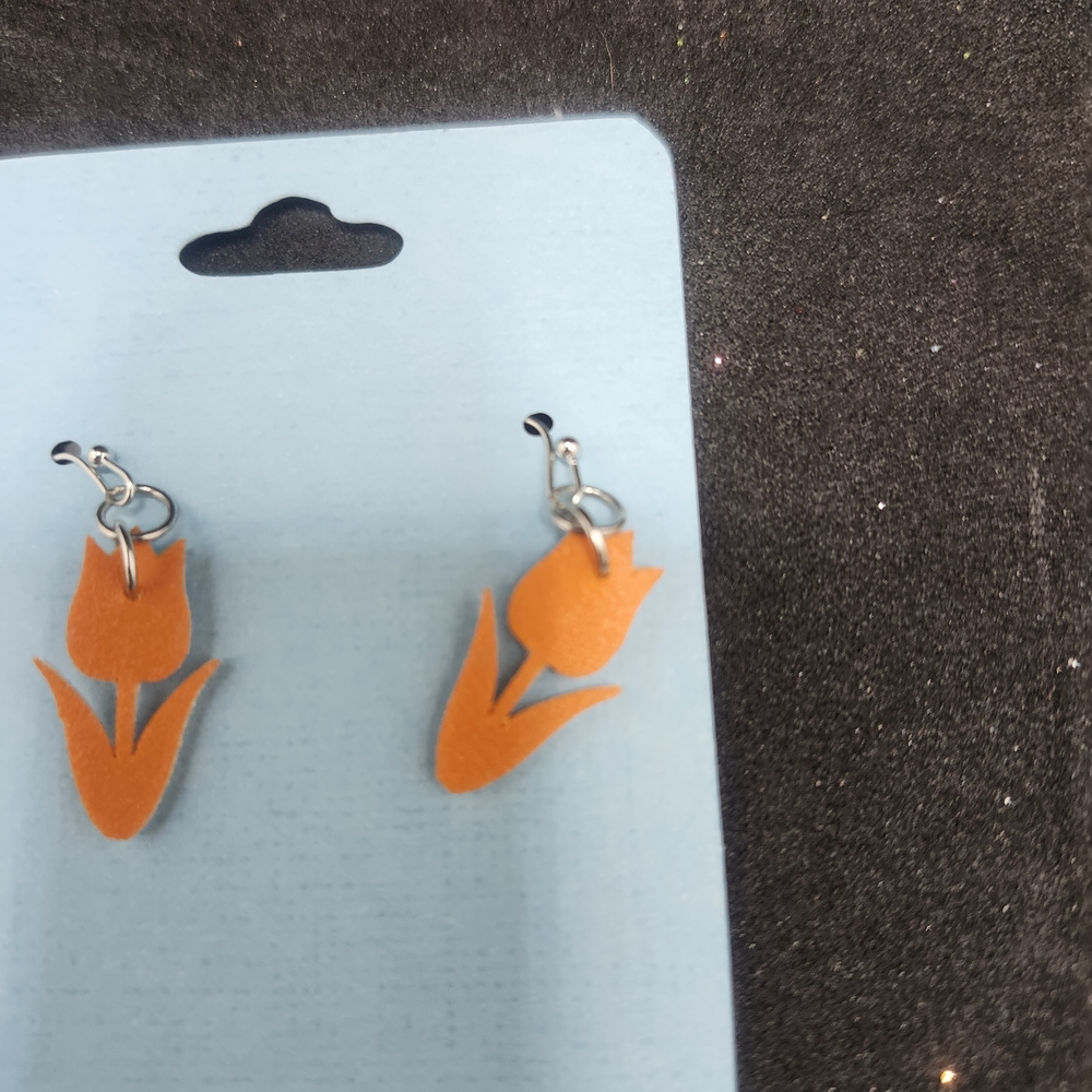 Hand Crafted Faux Leather Dangle Orange Tulip Earrings